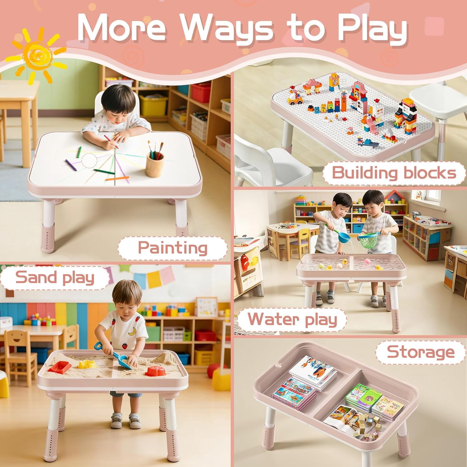NEORIVER Kids Table and Chair Set with Storage – 5-in-1 Height Adjustable Toddler Activity Table & 2 Chairs for Building Blocks, Drawing, Reading, Dining, Sand & Water Play