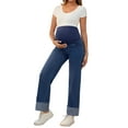 thumbnail image 2 of Jeans de maternidad para mujer INSPIRE CHIC, de mezclilla, pierna recta, con puños, alta elasticidad, sobre el vientre, pantalones para embarazadas, trabajo y casual, color azul oscuro, 2 of 6