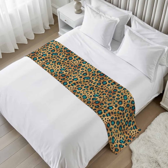 Bed Runner for Twin Size, Teal Brown Leopard Decorative Scarf Throws for Foot of Bed, Vintage Animals Texture Country Luxury Bedding Protector Slipcover Bedrunners for Hotel/Home, 71 x 20 Inch