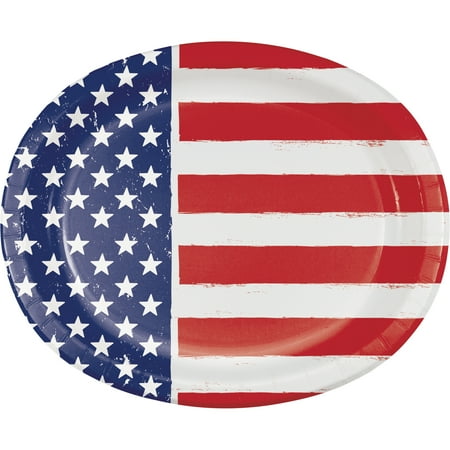 Way to Celebrate! Patriotic Distressed Flag Oval Paper Plates 8 Count