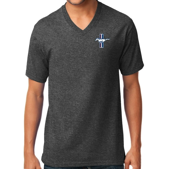 Ford Mustang GT Legend Lives Crest V-neck Tee Shirt, Large Dark Heather Gray