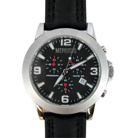 $425 Mephisto Men Black Leather Band Stainless Steel Chronograph Watch