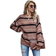 thumbnail image 1 of Women Knit Sweaters Color Block Striped Pullover Long Sleeve Scoop Neck Sweater, Brown, Small, 1 of 7