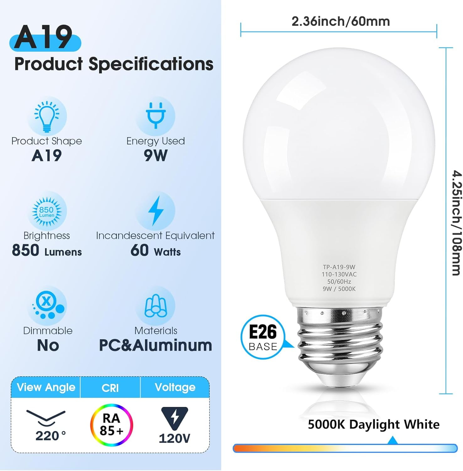 24-Pack A19 LED Light Bulbs, 60W Equivalent, Daylight White 5000K, E26 Base, 850 Lumen, Non-Dimmable, 9W Bright White LED Bulb