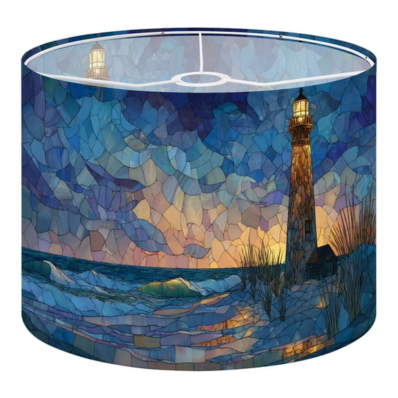 Stained Glass Style Linen Drum Lampshades Serene Coastal Scene Glowing Lighthouse Pastel Waves 13"x13"x10" Light Shade for Table Lamps Floor Lamp Shades Lampshade Replacement Assembly Required
