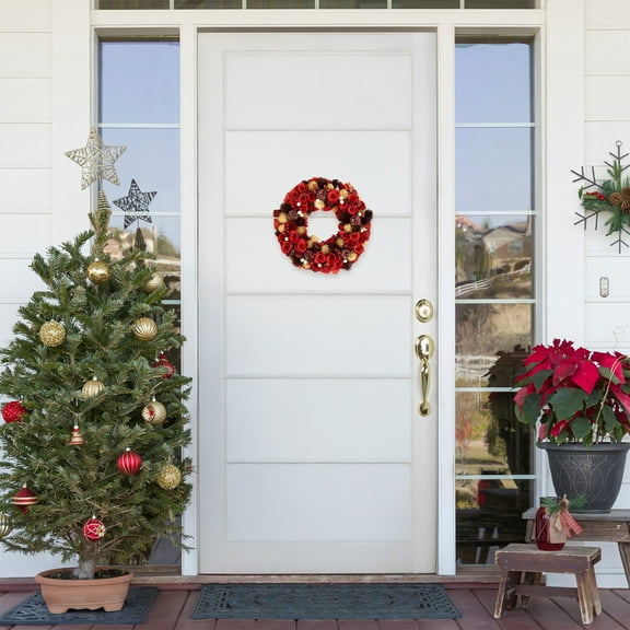 Northlight Wooden Roses, Apples and Pearls Artificial Christmas Wreath - 13" - Unlit - Red