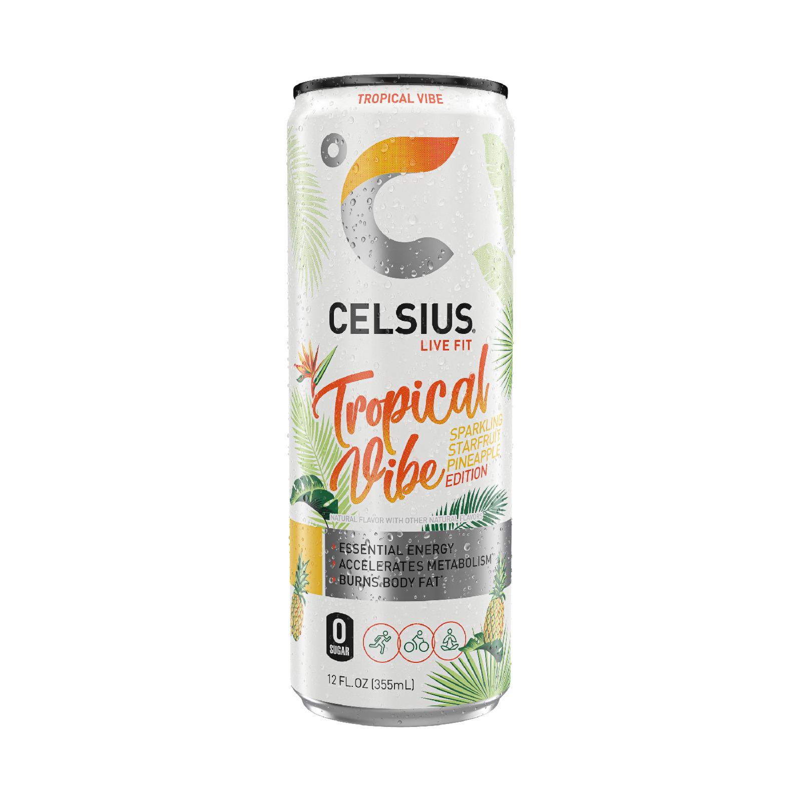 CELSIUS Sparkling Tropical Vibe, Functional Essential Energy Drink 12 fl oz  Can (Pack of 12) 