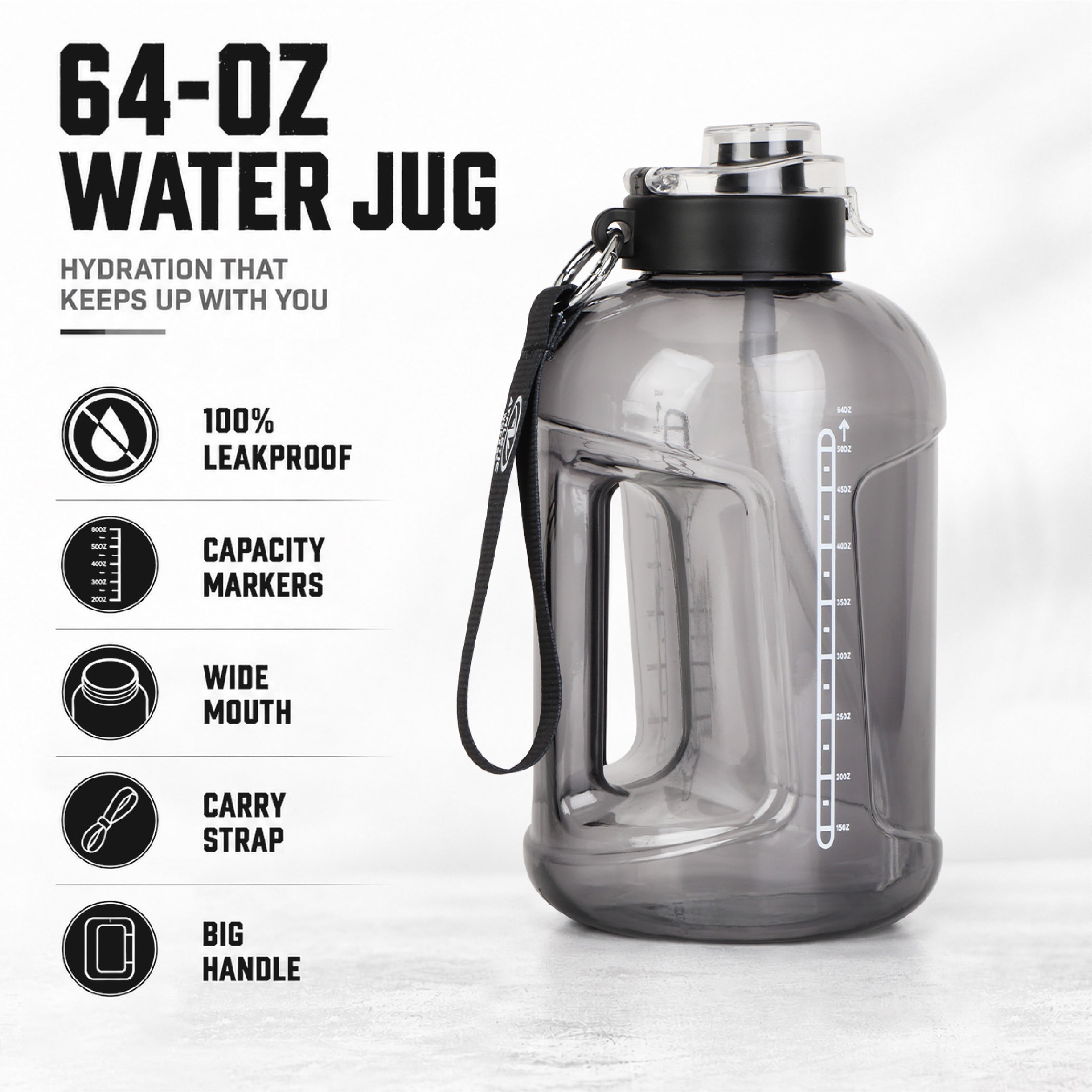 Athletic Works 64-Ounce Motivational Water Jug with Dual-Function Lid in Black