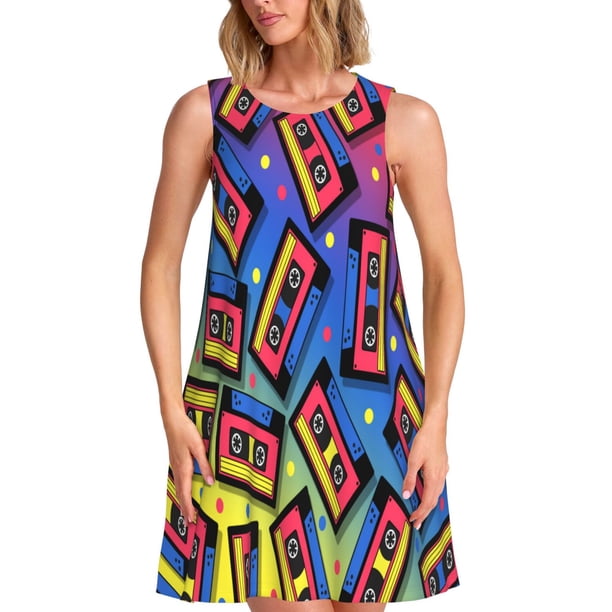 Fotbe Vintage Audio Cassettes Vestido de Verano sin Mangas para Mujer – Vestido Midi Línea A, Estilo Camiseta Floral, Vestido Playero Casual y Fluido