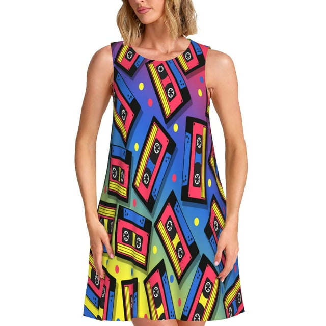Bingfone Robe Sans Manches pour Femmes à Imprimé Cassettes Audio Vintage, Coupe Ample, Robe d'Été Décontractée, Confortable et Légère pour un Usage Quotidien