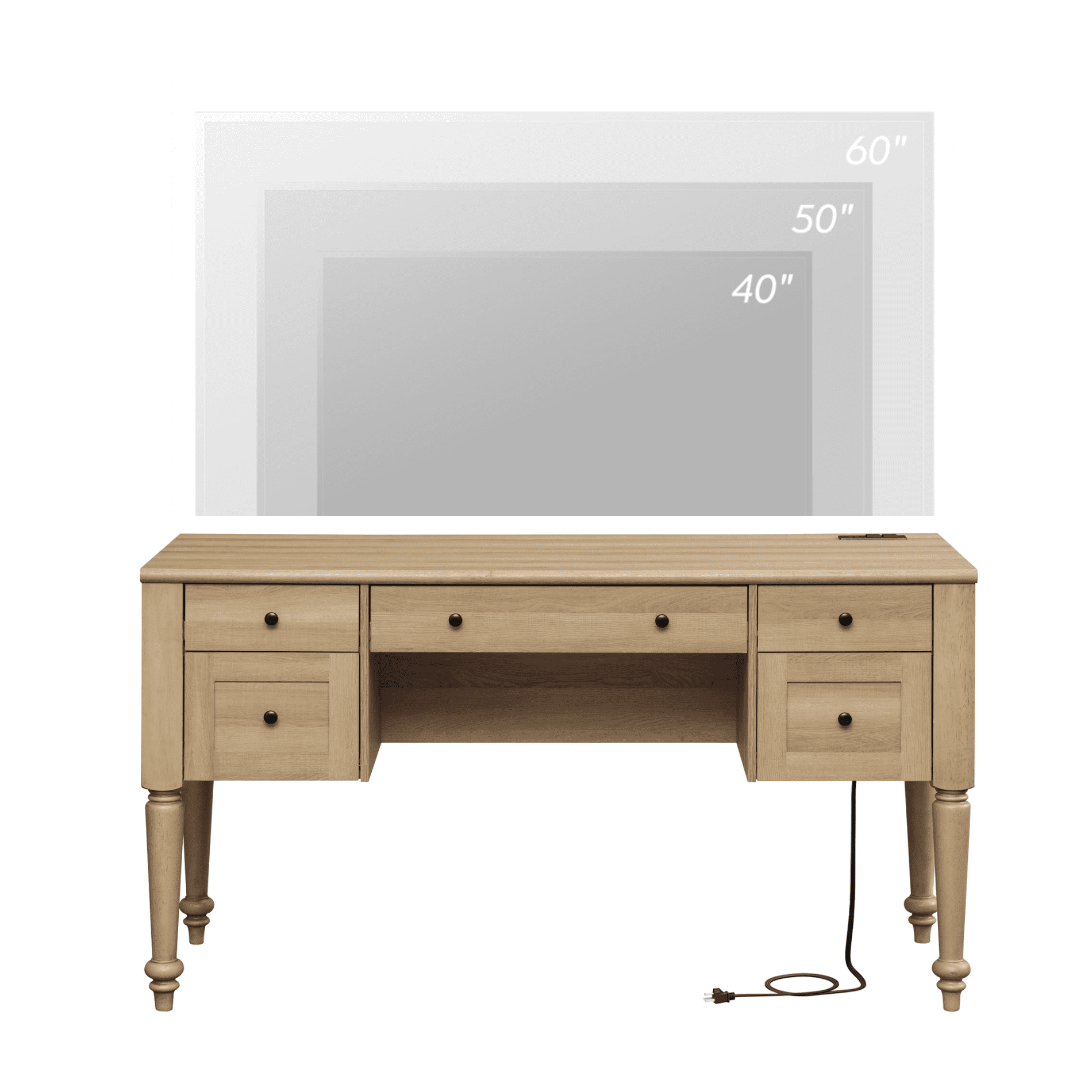 Farmhouse TV Stand for 60 Inch TV, Wood Entertainment Center with 5 Drawers, Storage Cabinets & Charging Station, Oak