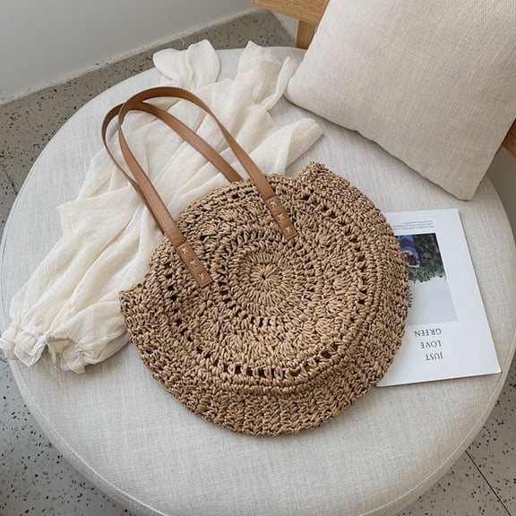 WHAMVOX Round Straw Beach Bag Vintage Handmade Woven Shoulder Bag Circle Rattan Bag Bohemian Summer Vacation Casual Bag Travel Tote(Khaki)