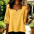 thumbnail image 3 of Lenpel Womens Plaid Blouses Button Square Neck 3/4 Puff Sleeve Loose Dressy Shirts Lightweight Comfy Tops Fashion Fall Outfits, 3 of 4