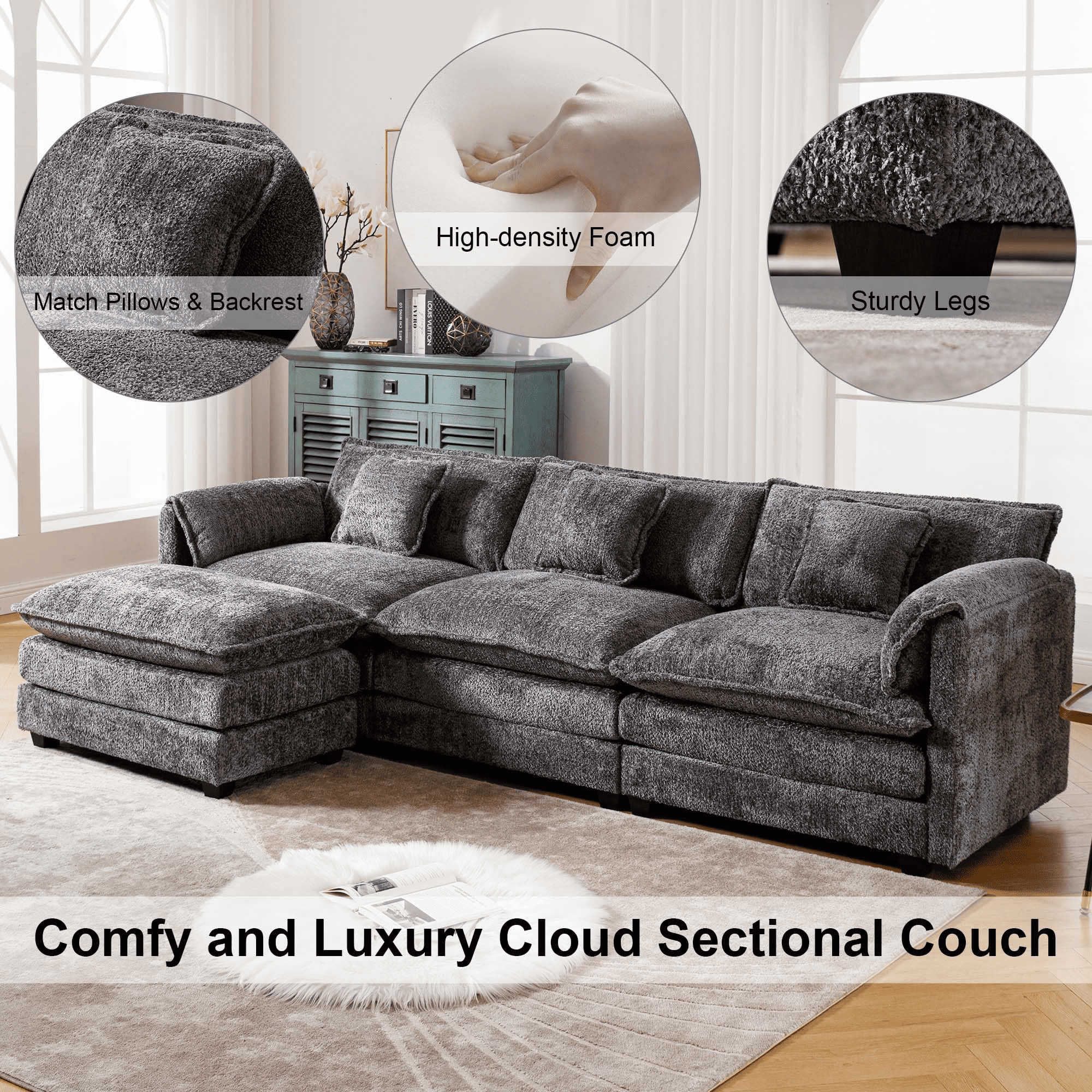 GNIXUU 112" Oversized Sectional Sofa Cloud Couch for Living Room, Modern Chenille L Shaped Couch, Comfy Boucle Modular Sofa Sleeper with Moveable Ottoman & Memory Foam (Gray)