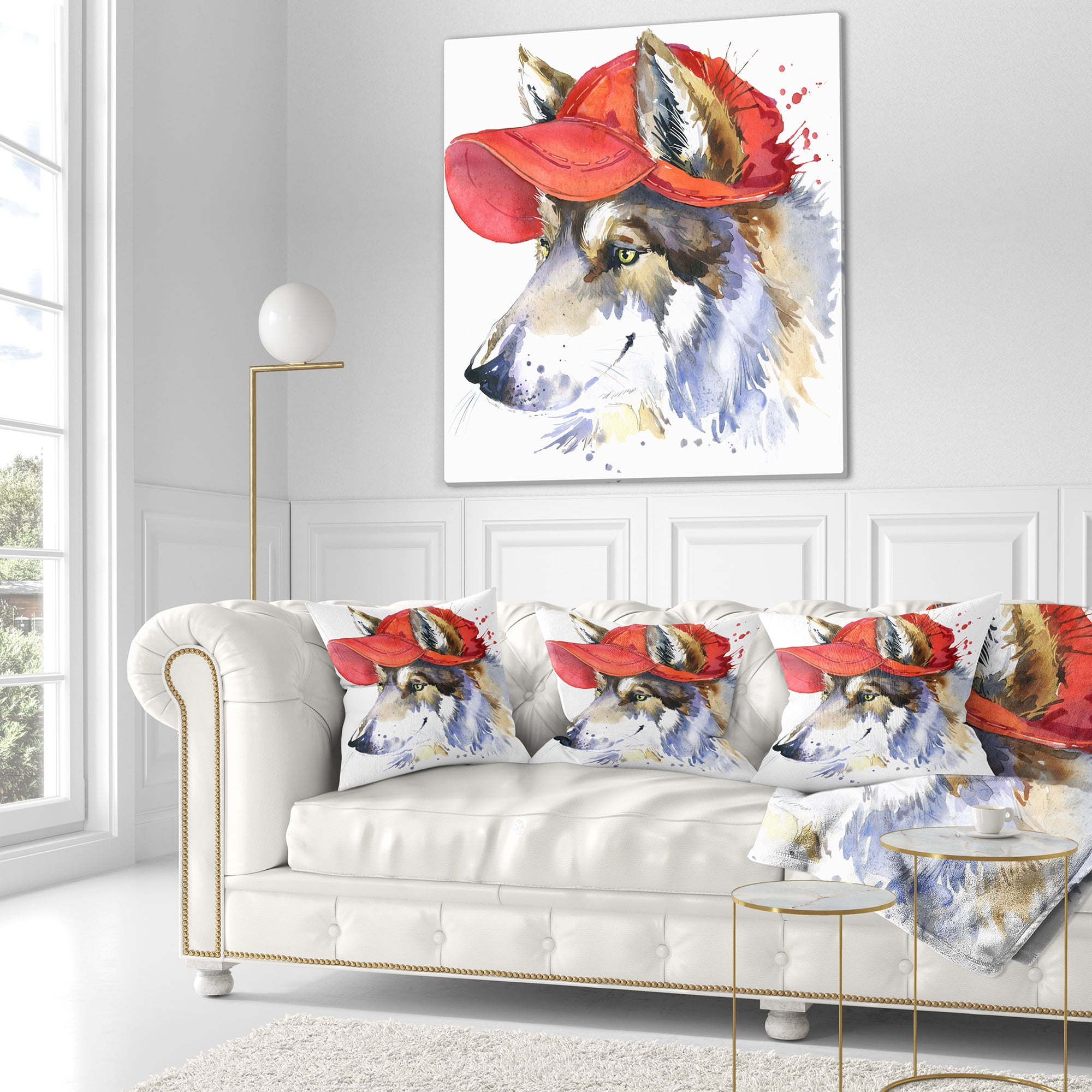 Designart Wolf with Red Cap Illustration - Animal Throw Pillow - 18x18