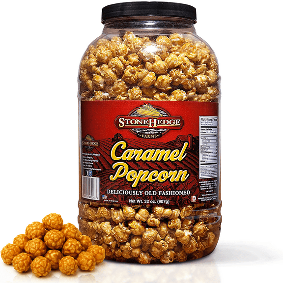 Stonehedge Farms Caramel Flavored Popcorn - 32 oz Large Tub - Bulk Gourmet Carmel Popped Sweet Snacks - Made in the USA
