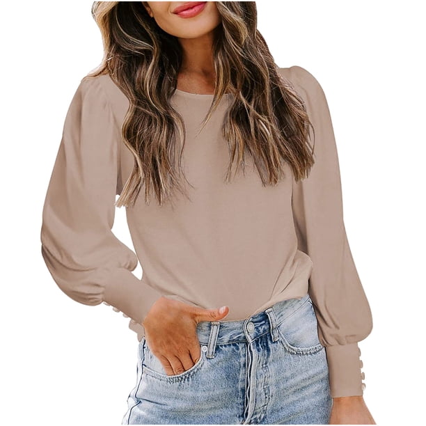 Top informal suelto de manga larga con botones y manga abullonada de Color sólido con cuello redondo para primavera y otoño para mujer Pompotops FGAJ8503