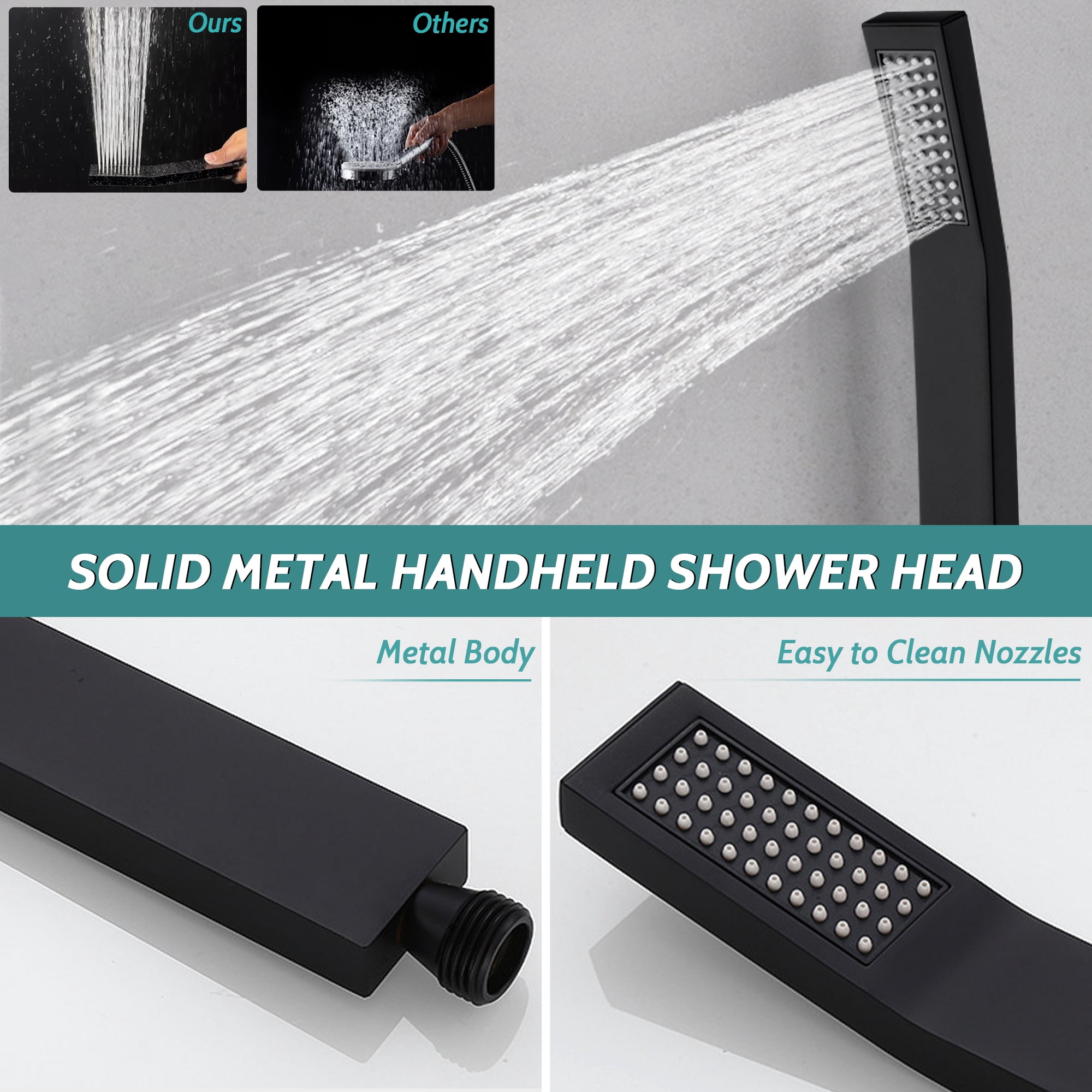 All Metal Dual Square Shower Head Combo, Rain Shower Head with Handheld Shower Wand and Extra Long Flexible Hose (Matte Black)