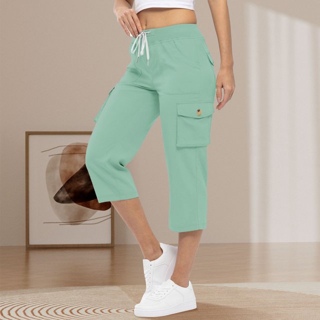 Lroveb Pantalon Capri pour Femmes avec Cordon de Serrage Pantalon d'Été d'Entraînement Couleur Unie Pantalon de Randonnée Décontracté Extérieur /4 Cargo Léger Extensible Vert