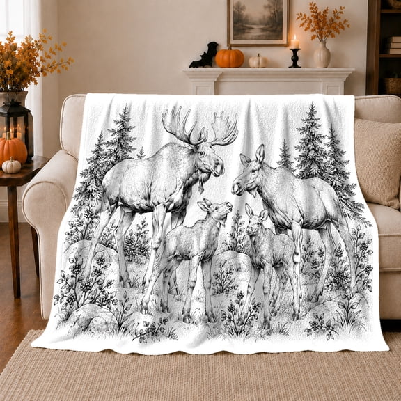 Wildlife Moose Family Woodland Scene Sketch Calm Naturalistic, Peaceful Mountain Lake Scene, Warm Flannel Blanket for Ranch House and Living Room, Outdoor Lovers Camping Gift, Rustic Home Decor