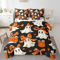 Manfei Halloween Ghost 7-Piece Twin Bedding Sets,Girls Bow Knot Bedding Comforter Set,Orange White Black Sheet Sets For Child,Breathable Home Decor Reversible