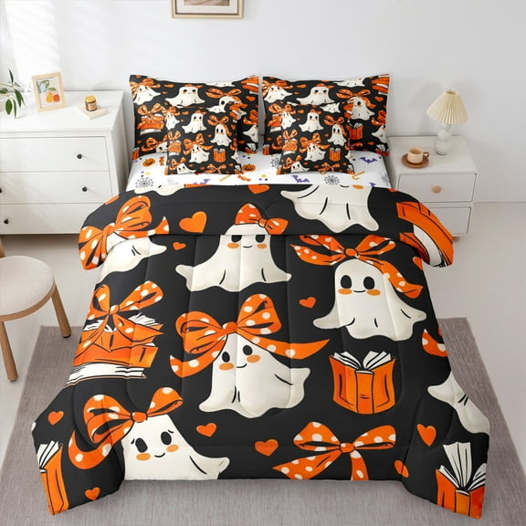 Manfei Halloween Ghost 7-Piece Twin Bedding Sets,Girls Bow Knot Bedding Comforter Set,Orange White Black Sheet Sets For Child,Breathable Home Decor Reversible