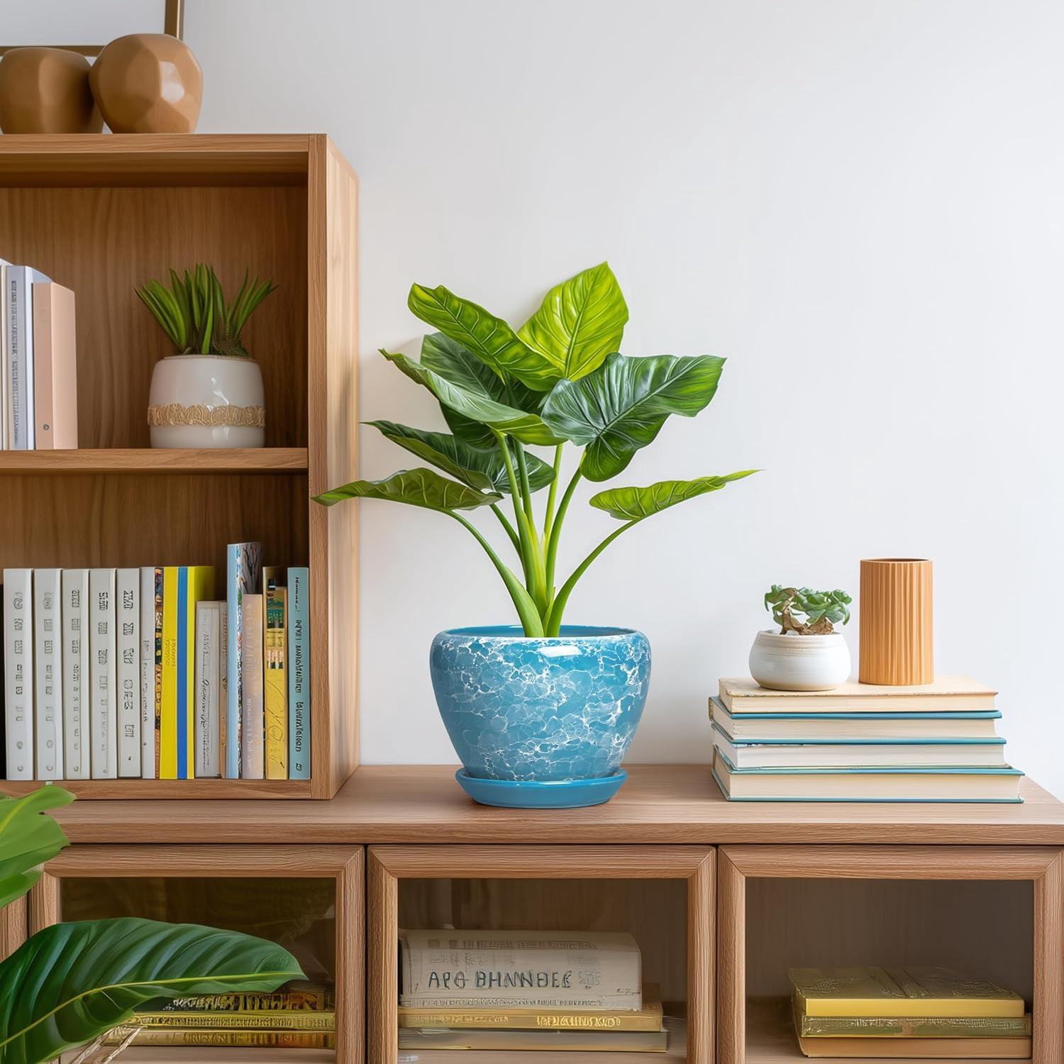 Ceramic Planters for Indoor Plants - 6 Inch Plant Pot with Drainage Hole and Saucer, Round Plant Pots, Modern Decorative Succulent Planter, Desk Decor, Gifts for Plant Lovers, Bubble Blue