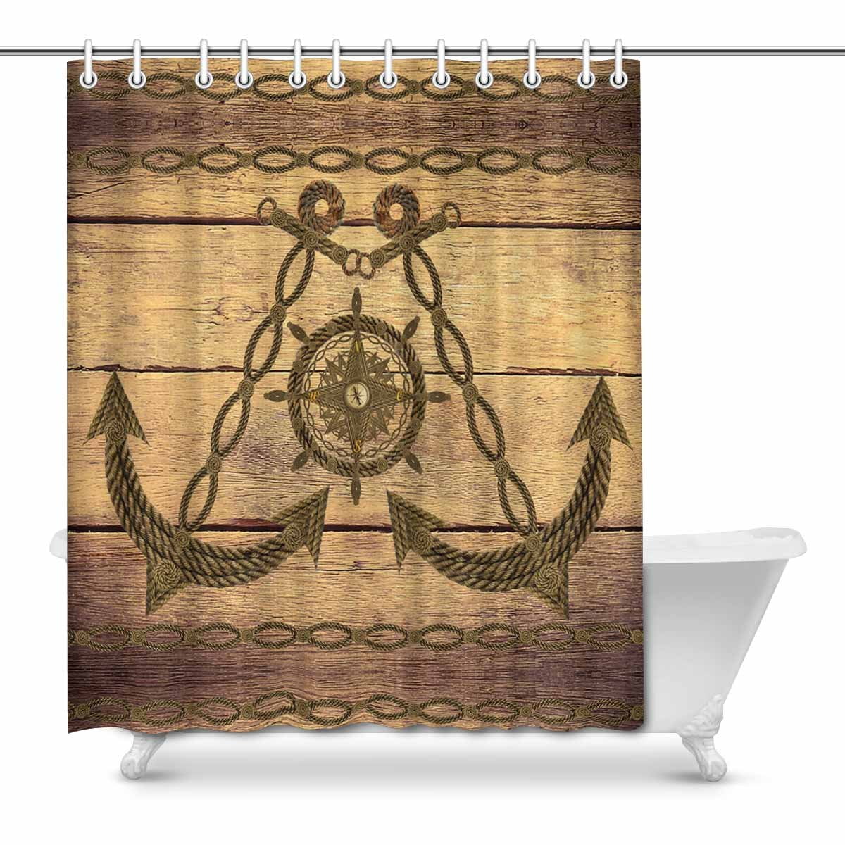 MKHERT Compass Nautical Anchor Wheel On Wood Waterproof Shower Curtain