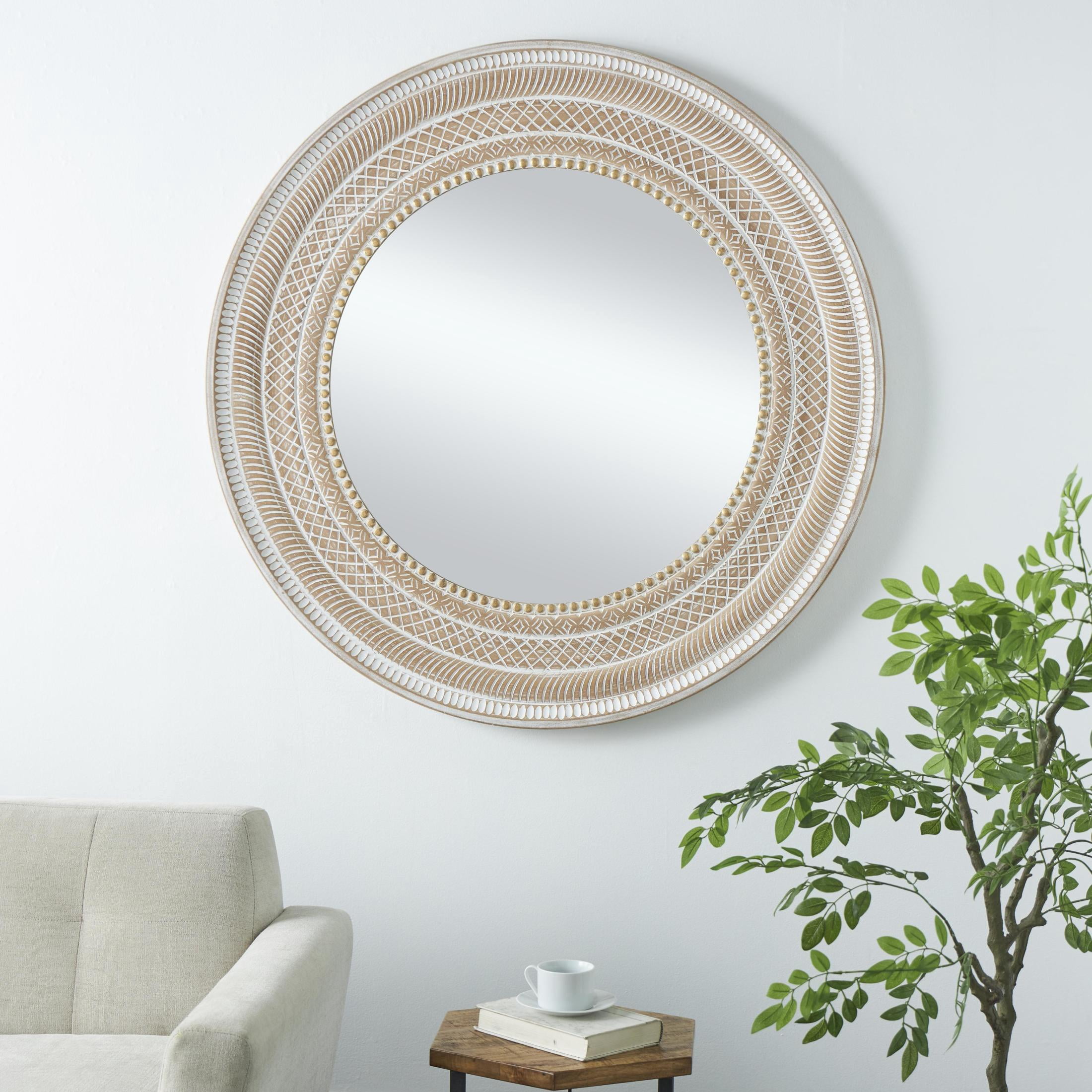 DecMode 48" x 48" Brown Handmade Intricately Carved Geometric Wall Mirror with Bohemian Patterns