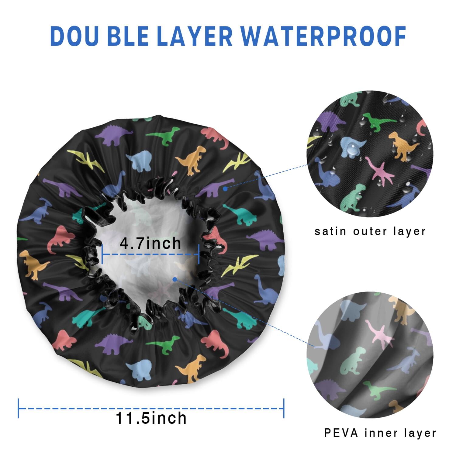 Shower Caps,Black Colorful Dinosaurs Silhouettes Pattern Waterproof Shower Cap for Women 4 Pieces,Double Reusable Hair Cover for Shower PEVA Elastic Stretch Hem
