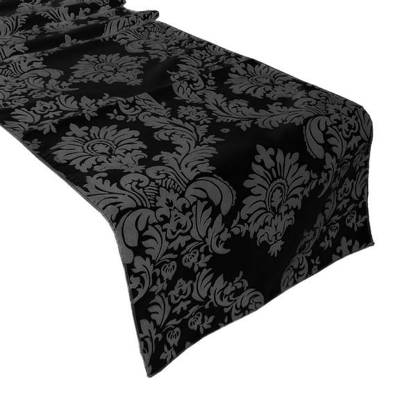 Flocked Damask Table Runner Grey on Black