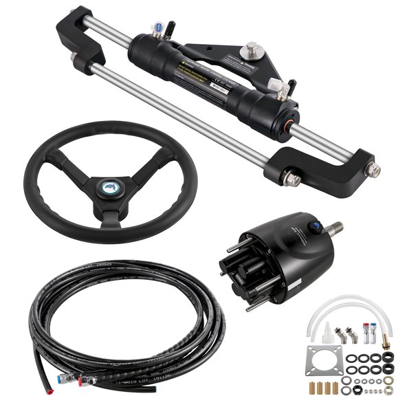 KFFKFF Hydraulic Marine Steering Set, 300HP Hydraulic Navigation System with Helm Pump, Cylinder, Wheel, 24 Feet Hose and Hydraulic Seal Kit, Resistant to Corrosion Boat Steering Kit