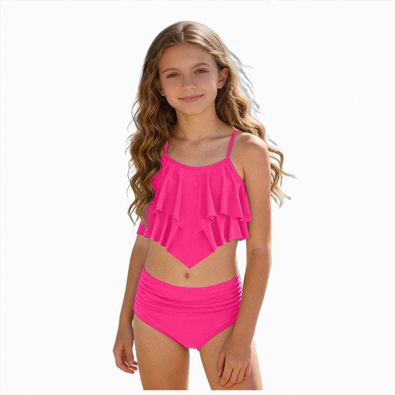 mgoYE Girl Swimsuit Size 16 Girls' 2 Piece Bikini Swimsuits Adjustable Straps with Chest Pad Girls Bathing Suit(Pink,13-14 Years)