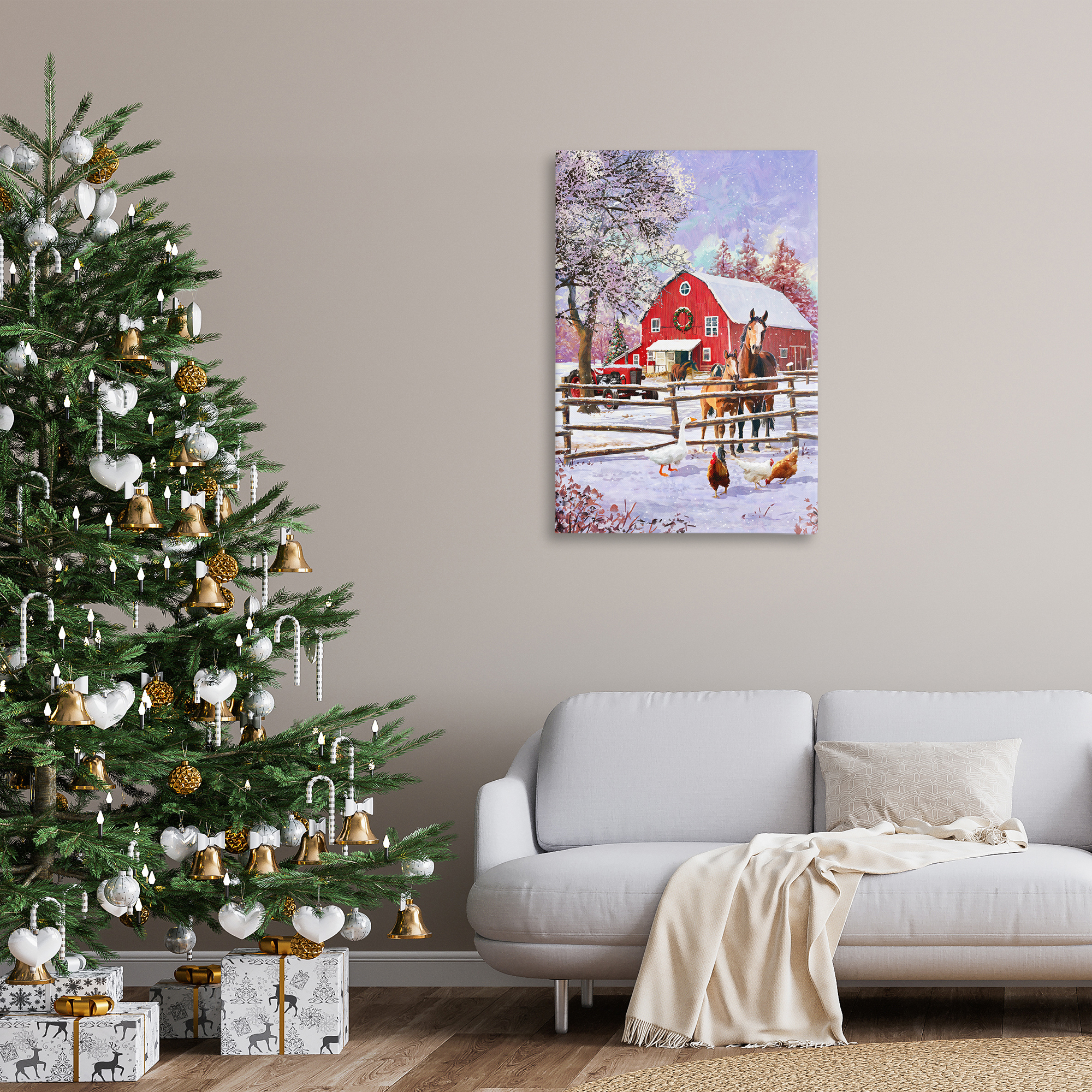 Stupell Industries Winter Farm Scene Holiday Painting Gallery Wrapped Canvas Art Print Wall Art, 24 x 36