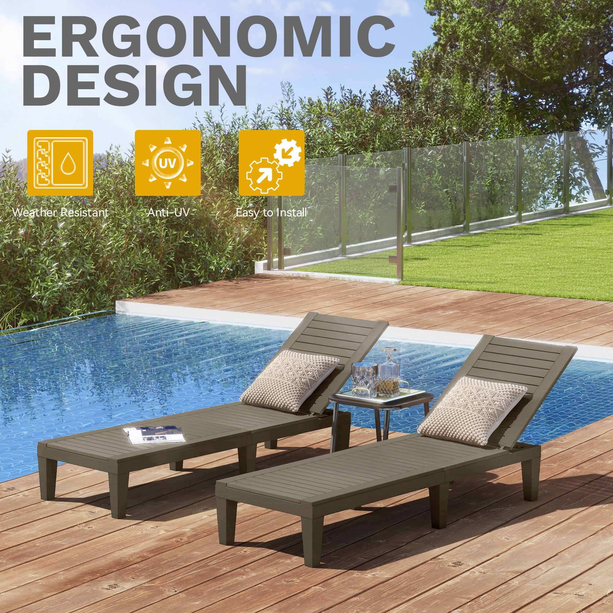 Uforic 1 Pcs Patio Chaise Lounge Chairs, Easy Assembly & Lightweight, Adjustable Outdoor Lounge Chairs, Brown