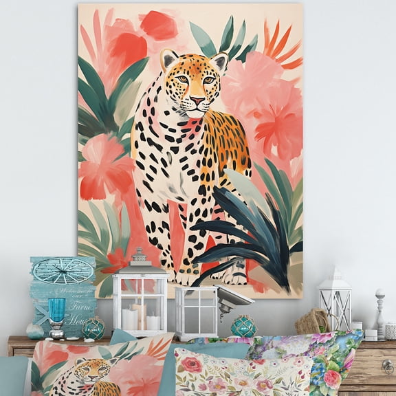 Designart "Jungle Leopard in Green and Pink II" Animals Canvas Wall Art - Traditional Pink Leopard Hallway Wall Art Decor