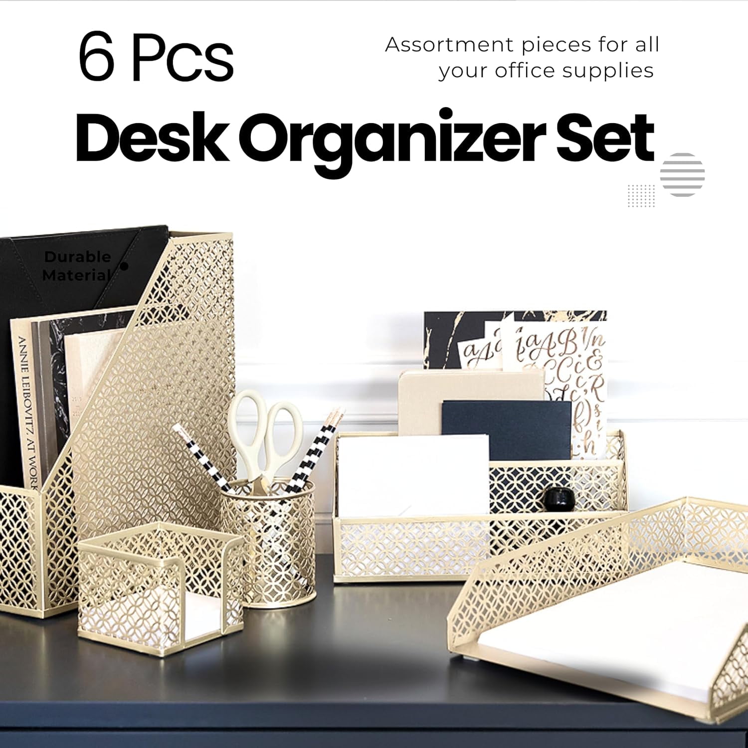 Gold Desk Organizer Set with Mail Sorter, Sticky Note Holder, Pen Cup, Magazine Holder, Letter Tray & Business Card Holder |   Stylish Desk Accessories for Home Office Décor