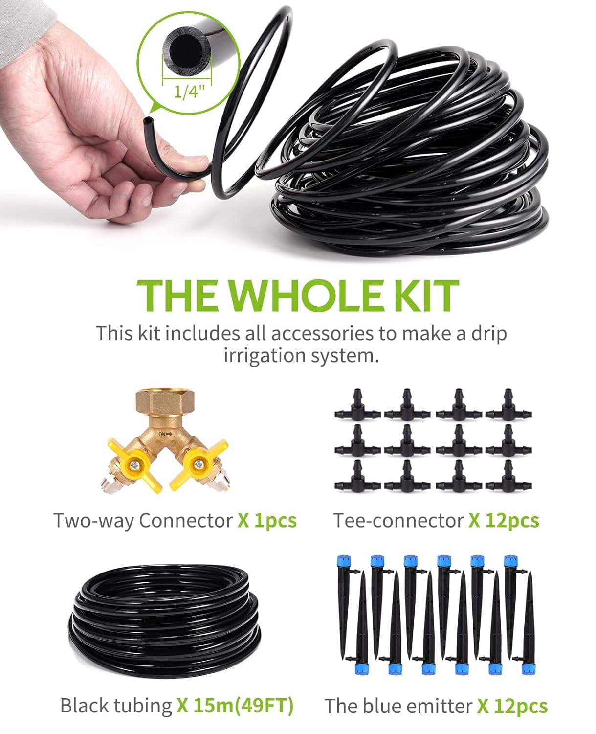 50ft Drip Irrigation Kit Plant Watering System 8x5mm Blank Distribution Tubing DIY Automatic Irrigation Equipment Set for Garden Greenhouse Flower Bed Patio Lawn