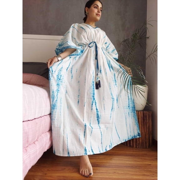 Designer Indigo Hand Block Print Cotton Kaftan, caftan, organic kaftan, beach wear, resort wear, loungewear, cotton boho dress