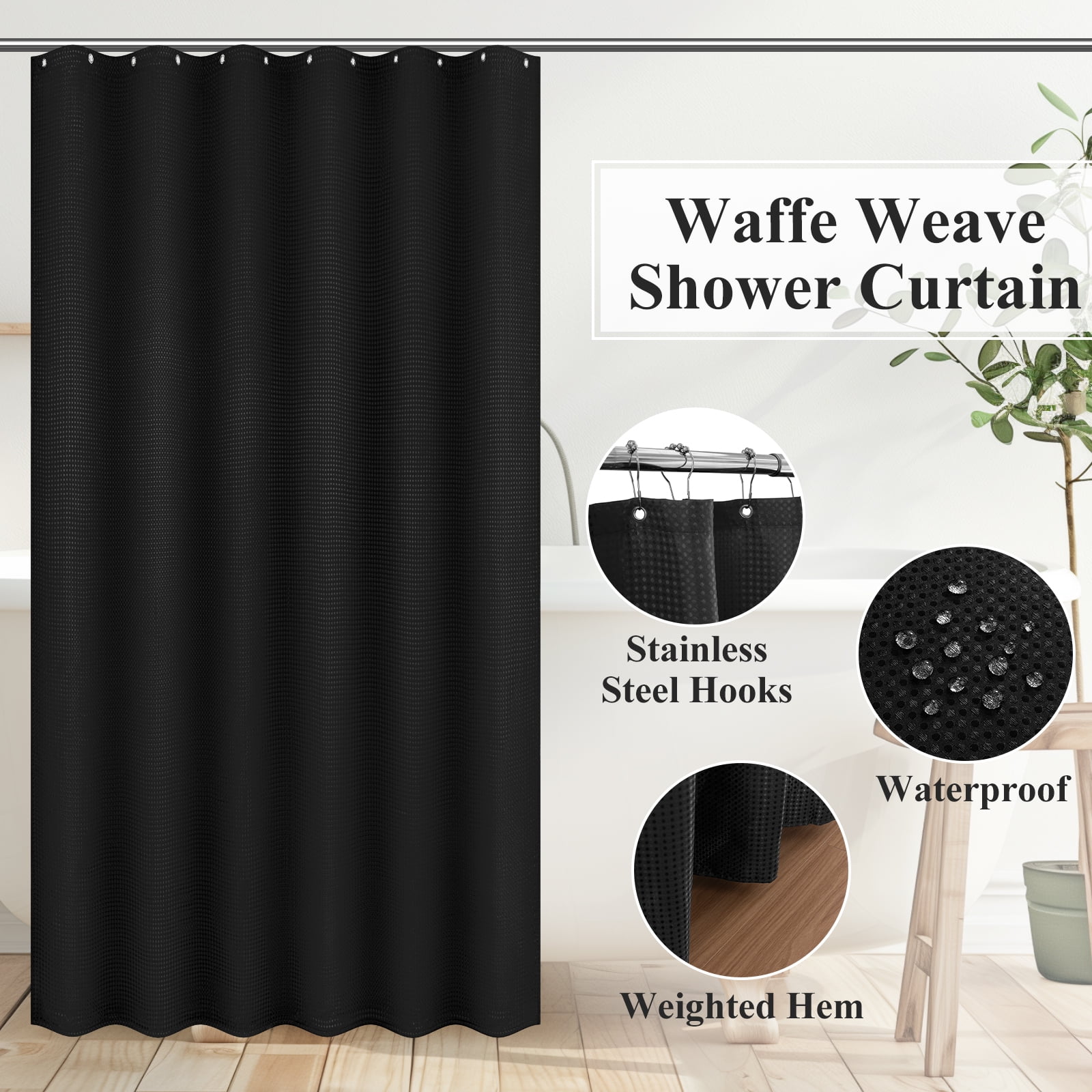 ‌Ileading 16-Piece Shower Curtain Set with Rugs, Waterproof Waffle Shower Curtain & Soft Non-Slip Bath Rugs with 12 Hooks, Black Bathroom Sets