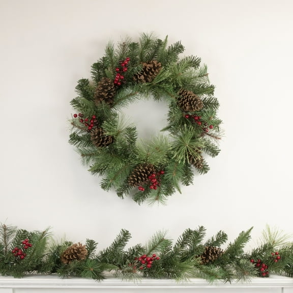 Northlight Pre-Lit Battery Operated Mixed Pine and Berries Christmas Wreath - 24" - Warm White LED
