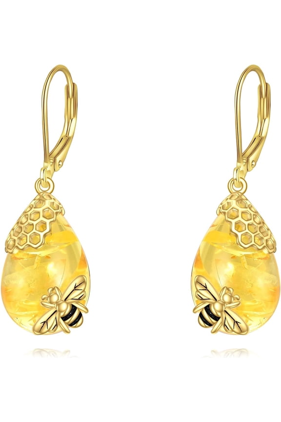 Bee Earrings Sterling Silver Yellow 18K Gold Plated Bee Amber Dangle Drop Leverback Earrings Insect Jewelry Gifts for Women