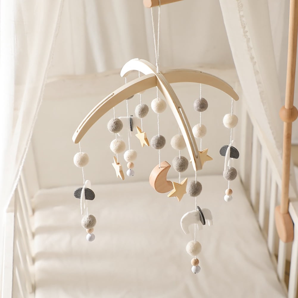 Wooden Crib Mobile, Baby Bed Bell with Stars & Moon Hanging Toys, Natural Wood Wind Chimes for Newborns, Rotating Soothing Mobile for Baby Nursery Décor – Gray
