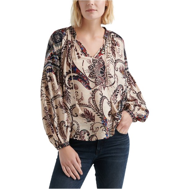 Blusa campesina estampada Lucky Brand para mujer beige pequeña