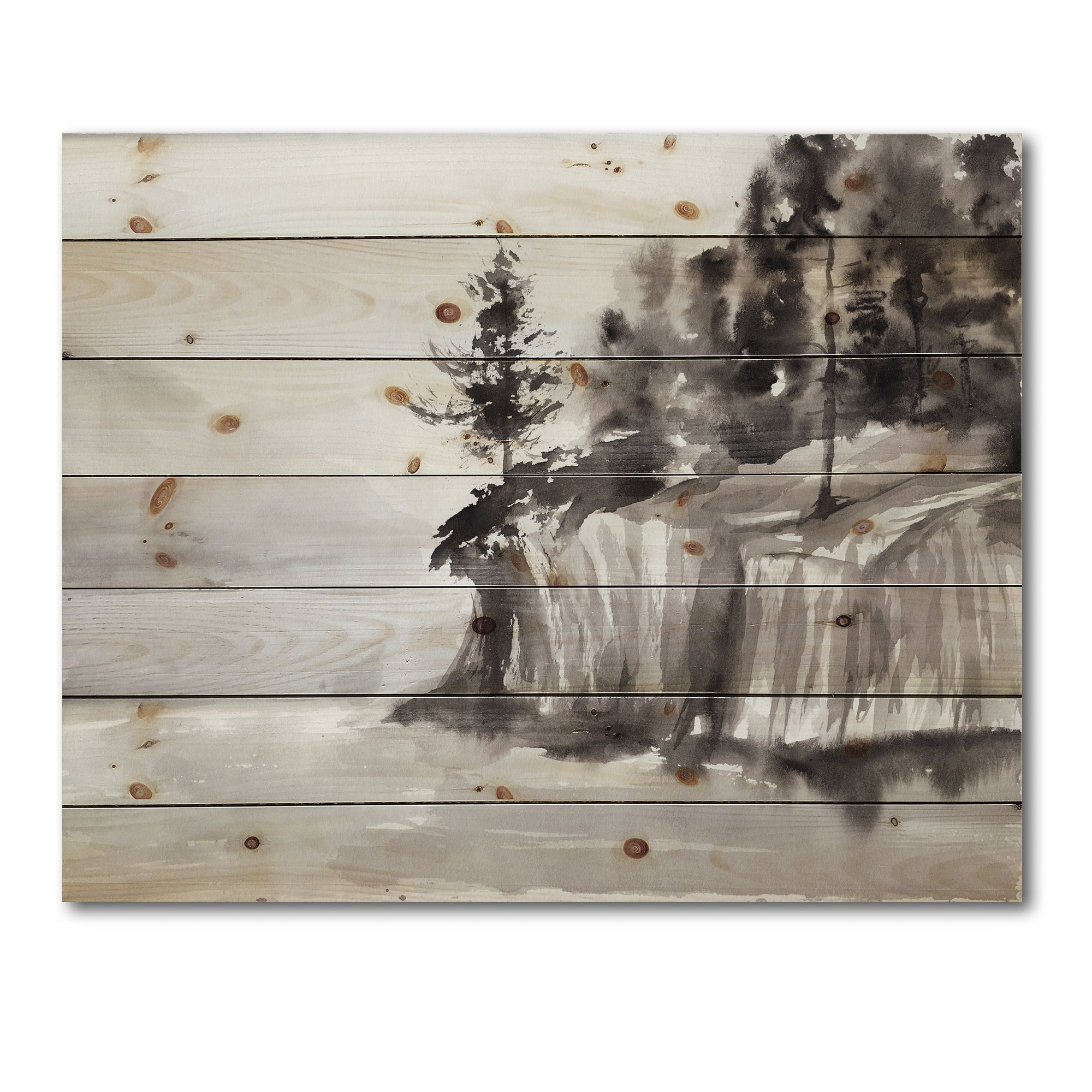 Designart 'Black & White Cliffs By The Lake' Nautical & Coastal Print on Natural Pine Wood