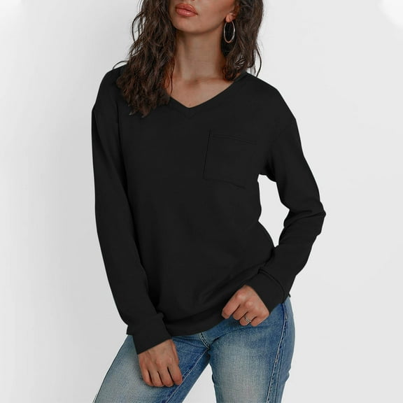 Cavosen Womens Tops Long Sleeve Pullover Velvet T-Shirts Tunic V Neck Solid Soft Blouse Vacation Tops Baggy Novelty Loose Shirts Going out Beach Tees Summer Clothes Black S