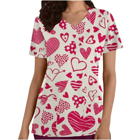 

CYMMPU Women s V-Neck Pocketed Scrub_Tops Nurse Workwear Uniform Clearance Going out Tops Summer Tees Short Sleeve Shirts Trendy Valentine s Day Tunic Love Heart Printing Fashion Tshirts Beige M
