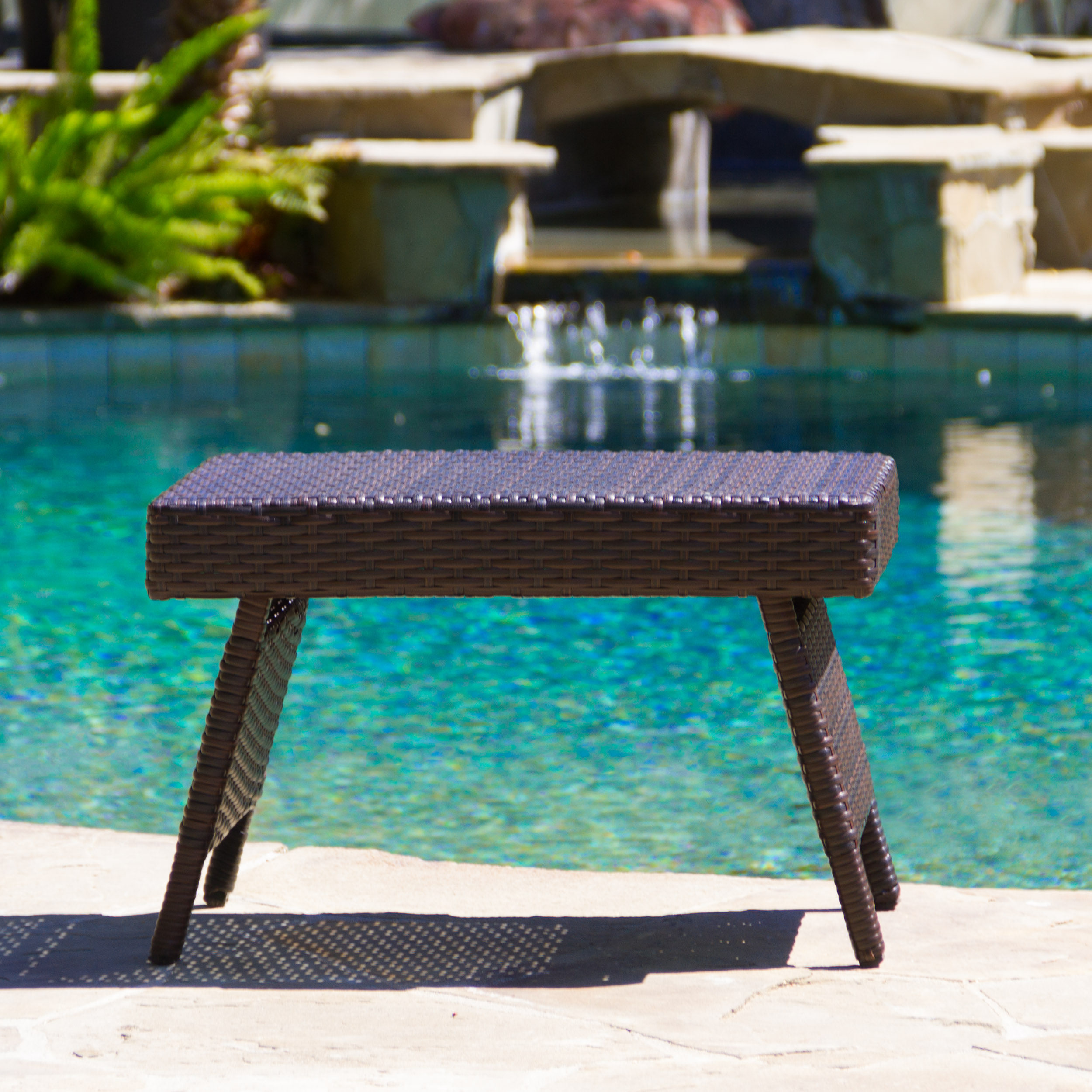 Outdoor Foldable PE Woven Snack Side Table, Portable Small Leisure Table for Patio Garden, Brown