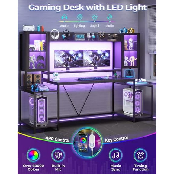 SEDETA Gaming Desk 74.8'' with LED Lights, Hutch and Storage Shelves, Computer Desk with Monitor Stand, Large PC Gamer Desk Workstation, Ergonomic Gaming Table for Bedroom, Living