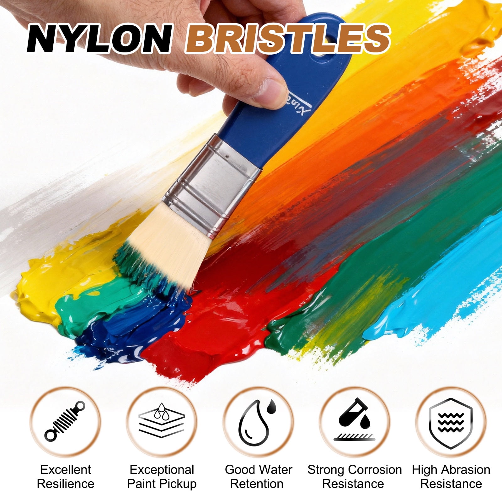 Uxcell 5 Pcs 2" Width Flat Paddle Paint Brush, Nylon Bristle Painting Brushes with Short Wood Handle for Acrylic Oil Paint Varnishes Watercolor Painter, Blue